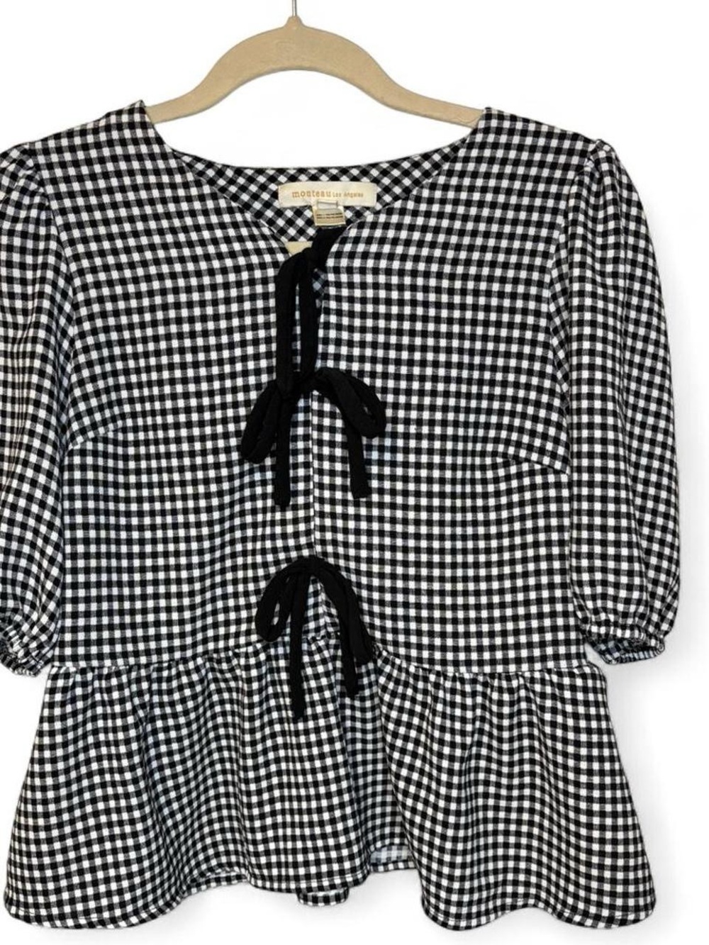 Monteau‎ Black & White Gingham Tie-Front Peplum Blouse
